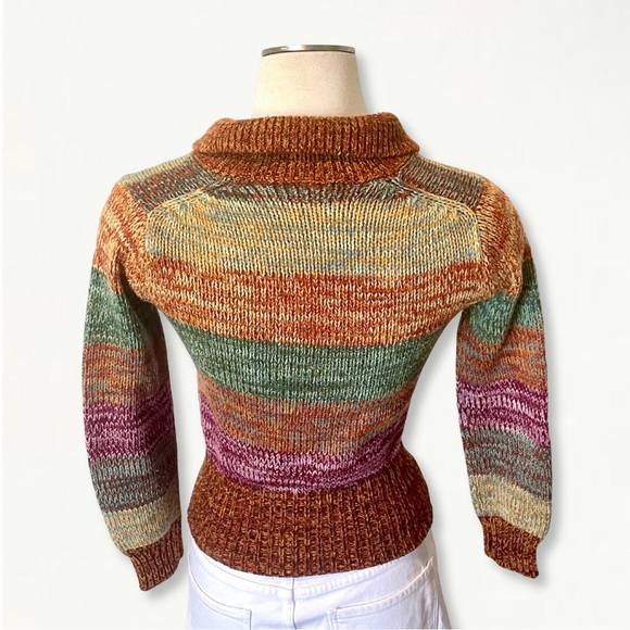 Vintage 1970s Space Dye Colorful Striped Knit Collared Sweater Size Small - Picture 7 of 11